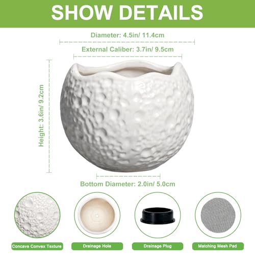 4 Inch Plant Pots - Ceramic Pots for Plants with Drainage Hole, Small Planter for Indoor Outdoor, Unique Succulent Pot, Decorative Modern Round Planter, Desk Decor, Plant Lover Gifts, White - color: White, size: 4.5 Inch