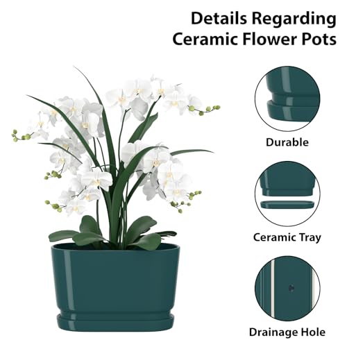 8.9" Rectangular Ceramic Planter with Drainage and Saucer, Green - color: Green, size: Medium