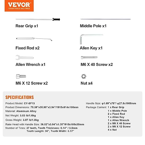 VEVOR Landscape Rake, 36" Head Aluminum Lake Weed Rake with 75" Long Handle for Loosening Soil, Lawn Care, Weeding Lake, Garden, Silver - size: 75 inch