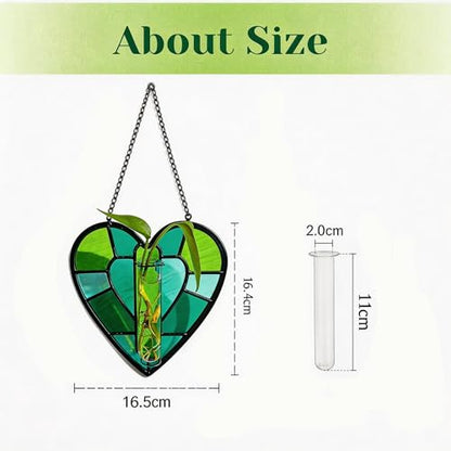 Stained Glass Plant Propagation Station, Handmade Suncatchers Window Hanging Decor, Hanging Hydroponic Planter Terrarium with 2 Glass Tubes for Mother's Day Home & Garden Decor, Green, Indoor Outdoor