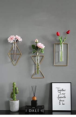 2 Pack IvyMei Luxurious Nordic Gold Wall Vase Metal Frame Glass Tube - color: Gold 9
