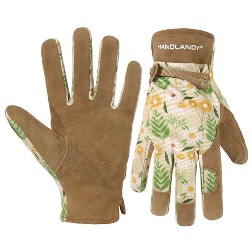 HANDLANDY Gardening Gloves for Women, Leather Garden Glove, Gardener Gift - color: Khaki, size: Medium (Pack of 1)