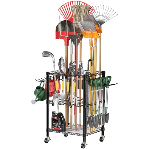T1 Garden Tool Organizer（With Lockable Wheels）Heavy Duty Garage Tool Storage for Yard，Shed，Outdoor and Lawn，Freestanding Tool Organizers and Storage UP to 50 Tools，Black with Anti-Tip Device - color: Black