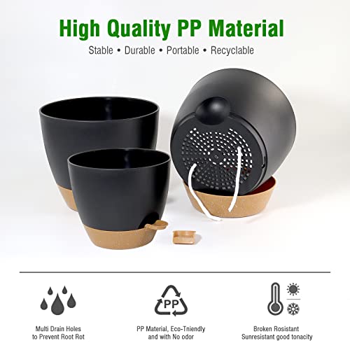 UOUZ Large Self Watering Pots, 12/10/9 Plastic Planters with High Drainage Holes and Deep Reservoir for Indoor Outdoor Garden Plants and Flowers, Black with Brown - color: Black With Brown