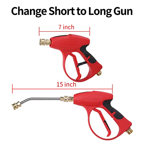Sooprinse Short Pressure Washer Gun 3000 PSI, 7 Inch Replacement Extension Curved Wand, 5 Nozzle Tips, M22-14 Inlet - color: Red