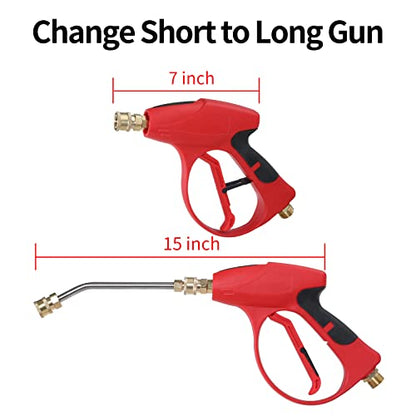 Sooprinse Short Pressure Washer Gun 3000 PSI, 7 Inch Replacement Extension Curved Wand, 5 Nozzle Tips, M22-14 Inlet - color: Red