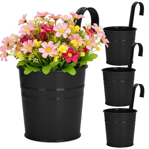 KINGLAKE Flower Pots,10 Pcs Metal Iron Hanging Flower Plant Pot Balcony Garden Plant Planter Baskets Fence Bucket Pots 6.3'' Flower Holders with Detachable Hook Black - color: Black, size: 6.3 Inch