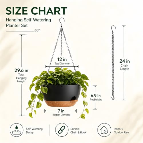2 Pack 12 Inch Self‑Watering Hanging Planters Plant Pots, Black‑Brown - color: Black Brown