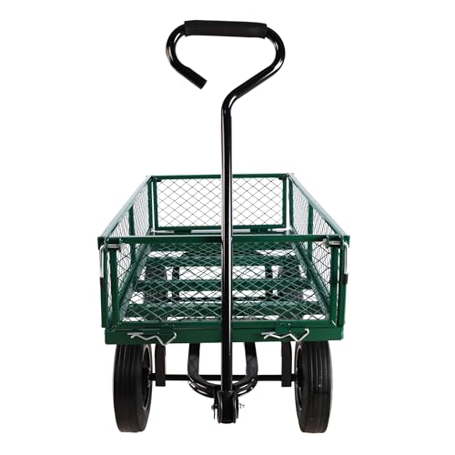 Metal Utility Wagon with 10" Solid Large Wheels 500 Lbs Capacity Heavy Duty Wheel Barrow Mesh Steel Garden Wagon Cart Dump Cart Pullable with 180° Rotating Handle Removable Sides (Green) - color: Green
