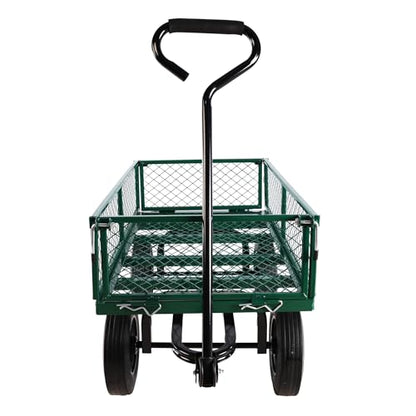Metal Utility Wagon with 10" Solid Large Wheels 500 Lbs Capacity Heavy Duty Wheel Barrow Mesh Steel Garden Wagon Cart Dump Cart Pullable with 180° Rotating Handle Removable Sides (Green) - color: Green