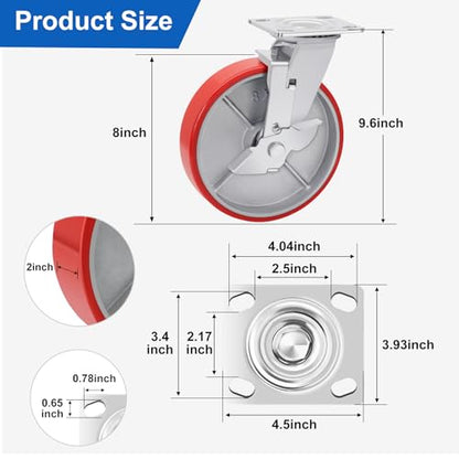 Nefish 8 Inch Industrial Casters Set of 4, Heavy Duty Casters with Brake 6000 Lbs, No Noise Polyurethane Wheel on Steel Hub, Swivel Plate Caster Wheels for Toolbox Workbench (4 Swivel & Brakes) - size: 8 IN （Brake）