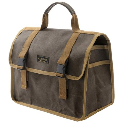 Canvas Tool Storage Bag - Portable Garden Tool Carrying Case with 3 Pockets + 2 Release Buckles, Multi-Purpose 16OZ Waxed Canvas Tool Tote Bag | 11.5"L x 6"W x 7.5"H | Grey - color: Grey