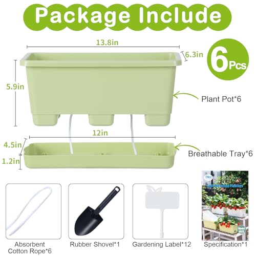 Oliz Window Box Planter 6 Packs, 13.8 Inches Rectangle Flower Pots with Drainage Holes & Trays, Pots for Vegetables, Herbs, Flowers, Garden Windowsill Balcony (Green) - color: Green