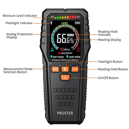 Proster Pinless Moisture Meter 3/4" Depth Color Alarm Non-Destructive