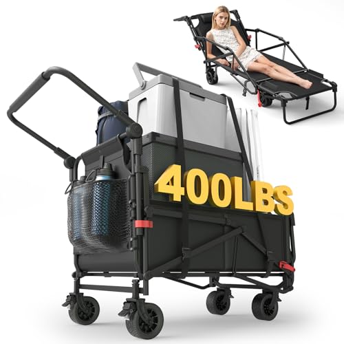 LEVELEVE Heavy Duty Folding Wagon - 2-in-1 Collapsible Cart, All-Terrain Wheels w/Brakes & Side Pockets (Black, 400lb Capacity) - color: Black, size: Medium