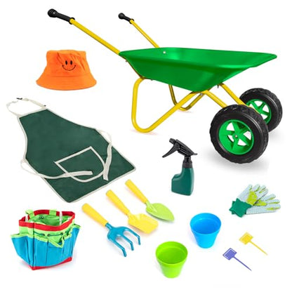 Toddler Metal Wheelbarrow Set for Kid with 12 PCS Gardening Tool(Green Set) - color: Green Set