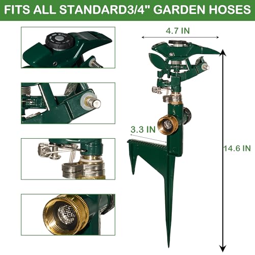 Hourleey 2 Pack Impact Sprinkler for Yard, Adjustable 360 Degree Zinc Alloy Sprinkler Head on Metal Step Spike, Heavy Duty Pulsating Water Sprinklers for Large Area Lawn Garden Irrigation