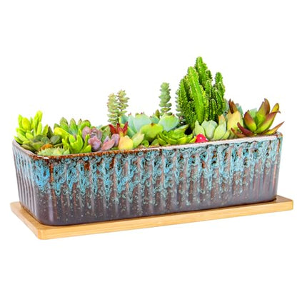 Succulent Pots, 12'' Long Rectangle Planters with Tray, Windowsill Planter - color: Blue