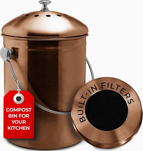 Epica Kitchen Compost Bin for Kitchen Countertops, 1.3 Galllon - Copper - color: Copper