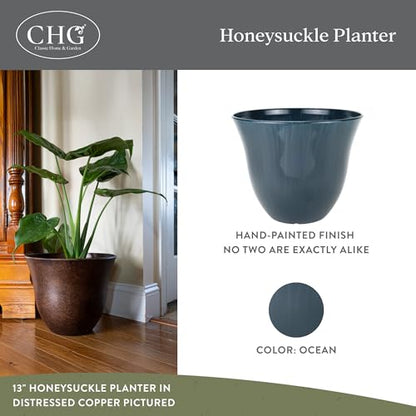 Honeysuckle Resin Planter, Durable Garden Pot, 13" Ocean Blue