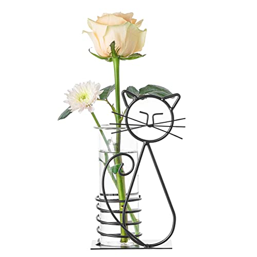 Marbrasse Desktop Glass Planter Hydroponics Vase,Planter Bulb Vase with Holder for Home Decoration,Modern Creative Cat Plant Terrarium Stand, Scindapsus Container (Lovely Cat) - color: A101-shuipei003