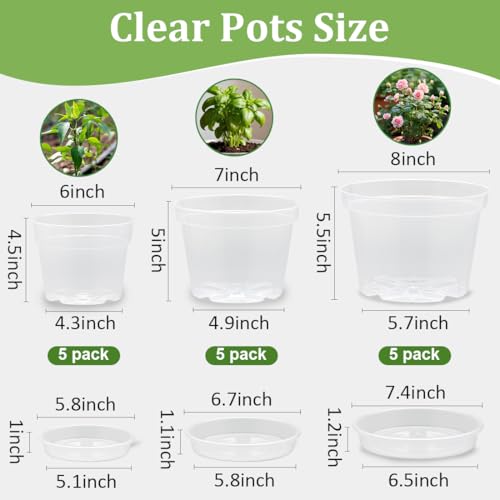 RooTrimmer 15 Pack 8/7/6 Inch Clear Nursery Pots with Saucer, Transparent Plastic Plant Pot with Drainage Hole, Sturdy Planting Starter Pots for Gardening Flower Herb Vegetable - color: Clear, size: Mix 6/7/8 Inch 15 Pack