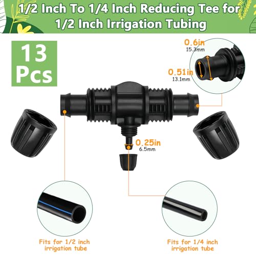 13 pack 1/2 Inch To 1/4 Inch Drip Irrigation Fittings, 1/2" (1/2" ID x 0.65" OD) to 1/4" Drip Line Reducing Tee 1/2" x 1/4" 3 Way Splitter Connectors for Garden Irrigation System - size: 1/2" x 1/4" 3 Way Splitter