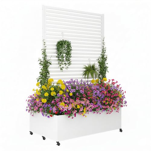 Double Metal Planter Box with Trellis Privacy Screen, Raised Garden Bed with Trellis & Wheels, Planter Box Outdoor with Drainage Holes for Climbing Plants, Vines,73"x 47"x 30", White - color: White, size: 73"x 47"x 30"