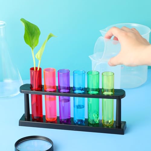 Kingdder 24 Pcs Plastic Test Tubes with Rack for Plant Propagation Station, 1.5 oz Shot Glasses Holder for Science Parties, Pouring and Storing Liquids, Hydroponic Plants Cutting Vase for Office Home