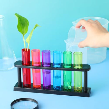 Kingdder 24 Pcs Plastic Test Tubes with Rack for Plant Propagation Station, 1.5 oz Shot Glasses Holder for Science Parties, Pouring and Storing Liquids, Hydroponic Plants Cutting Vase for Office Home