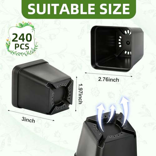 240 Pcs 3" Black Square Nursery Pots, Seed Starter with Drainage Holes - color: Black