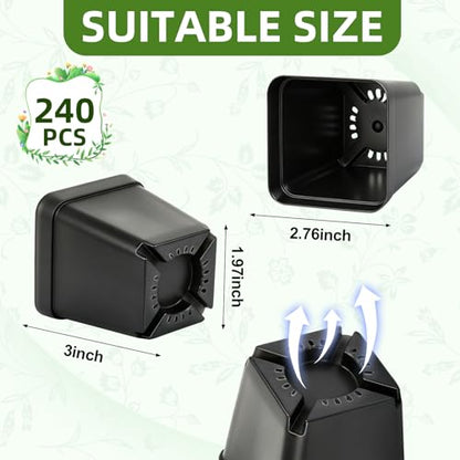 240 Pcs 3" Black Square Nursery Pots, Seed Starter with Drainage Holes - color: Black