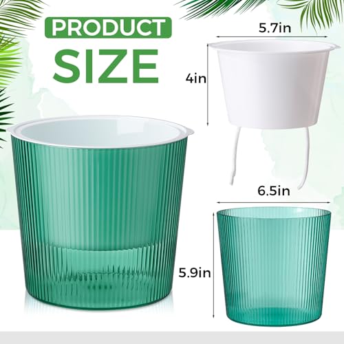 6 Pack Self Watering Pots for Indoor Plants Plastic Vertical Ribbed Semi Transparent Planters, Dual Layer Reservoir for Indoor Succulents Herbs Pothos(Green, White,6.5 x 5.9 Inch) - color: Green, White, size: 6.5 x 5.9 Inch