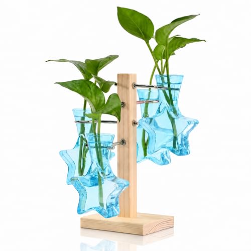Nacome Plant Terrarium Propagation Stations: Blue Vase with Wooden Stand - color: Blue