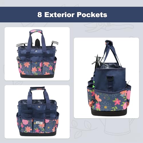 Hard Bottom Floral Garden Tool Tote Bag with Shoulder Strap - color: Blue Floral