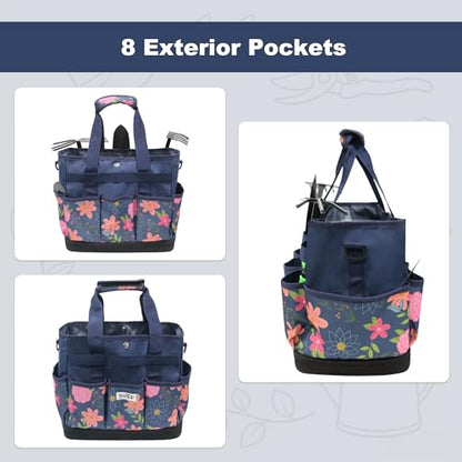 Hard Bottom Floral Garden Tool Tote Bag with Shoulder Strap - color: Blue Floral