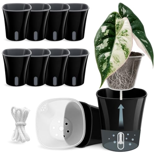 10 Pack 3" Self Watering Pots for Indoor Plants, Clear Inner Cup, Small Black Plastic Planters, Water Level Indicator, Drainage Holes, Extra 3ft Wick, Cuttings,Seedlings,Herb,African Violet - color: Classic Black, size: 3" (10 Pack)