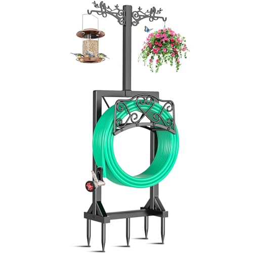 Garden Hose Holder, Freedstanding Heavy Duty Garden Water Hose Holder Stand with 2 Shepherds Hooks, Detachable Metal Hose Storage Hanger Rack for Outside Yard Lawn Farm - color: Black