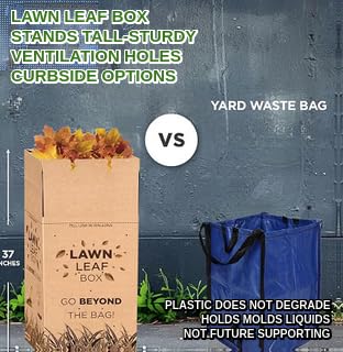 Lawn Leaf Box-Replaces Paper Bags. Heavy Duty Waste Container Weather Puncture Resistant Reusable 30 Gallon Takes Sticks No Rips Folds Flat Built In Lid-Ventilation Slots-American Made Patented