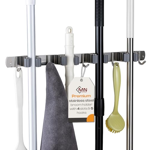 Stainless Steel Broom Holder Wall Mount, 4 Racks & 5 Hooks - size: 4 Racks & 5 Hooks