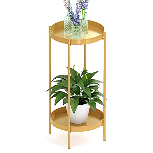 2 Tier Plant Stand Indoor Outdoor - 10.5in Width 24in Tall Flower Pot Rack - color: Gold