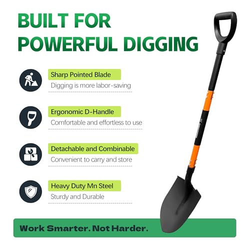 Shovel, Shovels for Digging, 47 Inch Detachable D-Handle with Anti-Slip Design, Heavy Duty Shovels for Gardening Digging