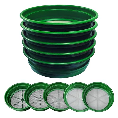 SE 13.25 Inch Wide Stackable Classifier Gold Prospecting Pan Set - Includes 1/2" 1/4" 1/8" 1/12" and 1/20" Stainless Steel Mesh Sifting Pans, Green, 5 Pack - size: 5 Pieces, style: Pans