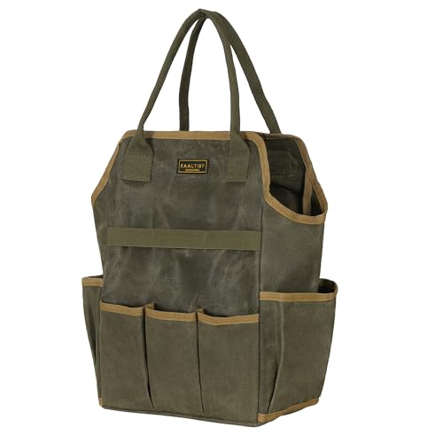 Tool Bag, Heavy Duty 16oz Waxed Canvas Garden Tool Tote - with 3 Inner Slots & 8 Outer Pockets, Multi-Purpose Gardening Tool Storage Bag for Gardener Florist Workshop - Army Green - color: ArmyGreen