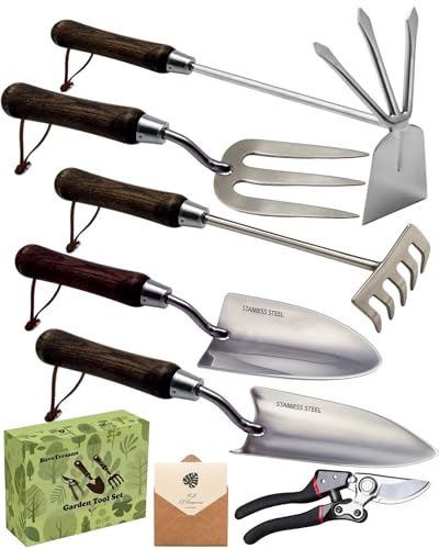 Garden Tool Set, 6PCS Heavy Duty Stainless Steel Gardening Hand Tools with Ropes, Includes Hand Cultivator Shovel Trowel Transplanter 2-in-1 Hoe Pruner, Ideal Gardening Gifts for Women Men (Upgrade)