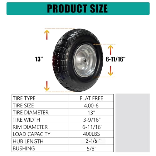 4.00-6 Solid PU Tire, 13" Flat-Free，Replacement for Wheelbarrow & Hand Truck, Heavy Duty Puncture Proof Garden Cart Wheels, 2-Pack - size: 13"/4.00-6