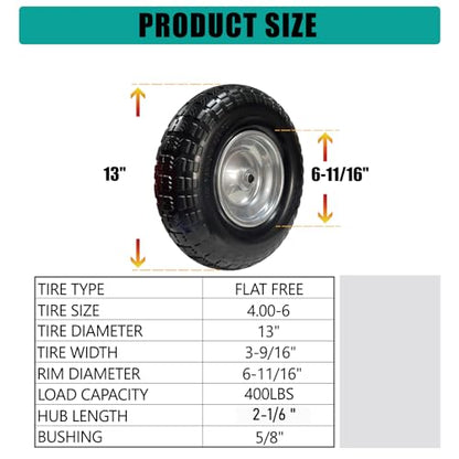 4.00-6 Solid PU Tire, 13" Flat-Free，Replacement for Wheelbarrow & Hand Truck, Heavy Duty Puncture Proof Garden Cart Wheels, 2-Pack - size: 13"/4.00-6