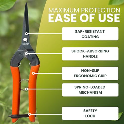 Saboten 7.9" Professional Japanese Harvesting Shears – Straight Blade, Stainless Steel with Fluorine Coating, Spring-Loaded, Ergonomic Grip – forest Originals, Made in Japan