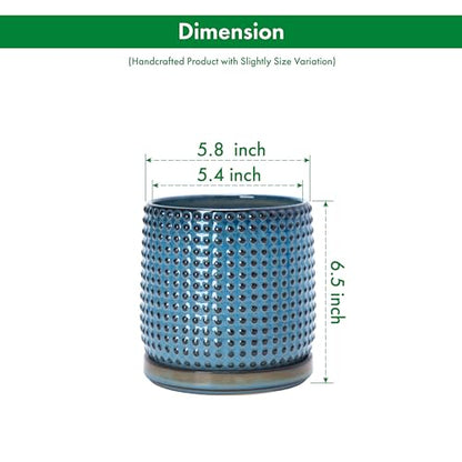 D'vine Dev Beaded Ceramic Pot with Saucer, 6 in, Ocean Teal, 27-C-X-8 - color: Ocean Teal, size: 5.8 Inch