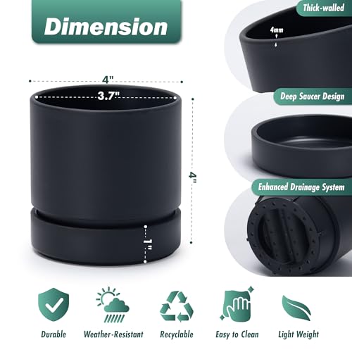 Phoenix Vine 4 Inch Planter Pot with Drainage Hole & Saucer, Deep Water Catch Tray, Straight Cylindrical Round Pot for Plants, Matte Black, Pack of 6, 23-C-R-6 - color: Matte Black, size: 4" (6 Pack)